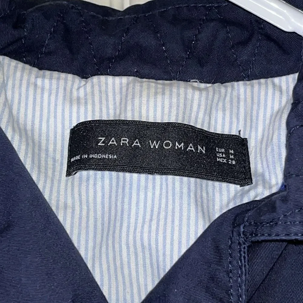 Zara Women's Jacket Coat Sz‎ M Navy Blue Business Collared Buttons Buckles Chic